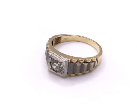 A gents 14ct yellow and white gold ring set with a single 0.65ct solitaire diamond, approx 6.5g, size X, (A).