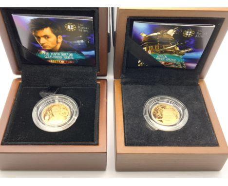 2 Doctor Who, proof gold medals , David Tennant as The Doctor holding a sonic screwdriver/ Dalek, rev. The Tardis, 19mm, 22ct