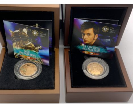 2 Doctor Who, proof gold medals , David Tennant as The Doctor holding a sonic screwdriver/ Dalek, rev. The Tardis, 19mm, 22ct