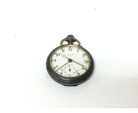 A metal cased button wind pocket watch alarm.