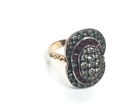 A large vintage style rose gold ruby and diamond ring, approx 10g and approx size O.