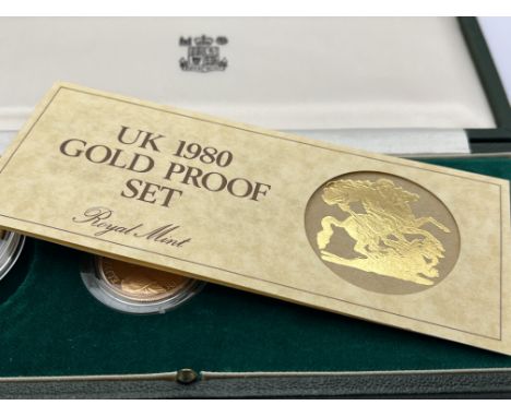 1980 Gold 4-Coin Sovereign Proof Set consists of:1980 Gold Five-Pound (Quintuple Sovereign)1980 Gold Double Sovereign (Gold T