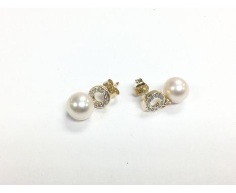 A pair of 9ct yellow gold, pearl and diamond halo drop earrings, RBC diamonds approx 0.15ct and approx 2.9g.