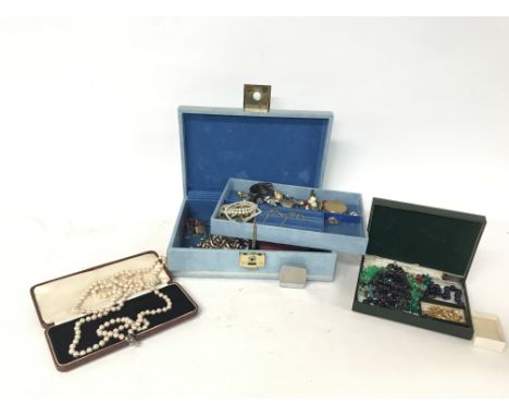 Boxes of costume jewellery including a Parker tape measure, simulated Pearl necklaces etc NO RESERVE