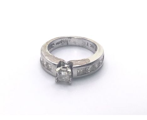 14ct White Gold Princess Cut Diamond Solitaire &amp; Diamond Shoulders. Weight 5gm. Size K.