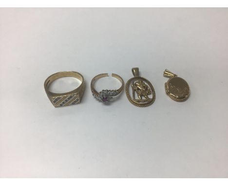 9ct st Christopher / locket / stone set ring and R/w crossover ring 11g (A)