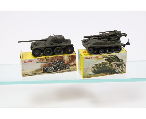 2 French Dinky Military. Canon DE 155 Automoteur (813) mobile cannon. Plus a Panhard FL10 8 wheeled armoured car (827), Both 