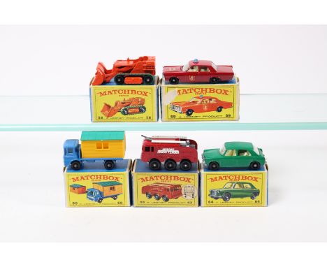 5 Matchbox Series. 58, Drott Excavator. 59, Fire Chief Car (Ford Galaxie). 60, Truck With Site Office, complete. 63, Fire Fig