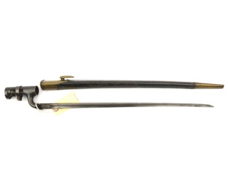 A socket bayonet for P1853 Enfield rifle,  no visible markings, in brass mounted leather scabbard with stamps to leather and 