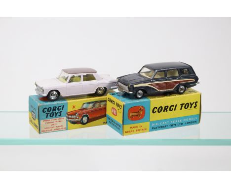 2 Corgi Toys Fiat 2100 (232). In pale pink with mauve roof, yellow interior, spun wheels and black tyres. Together with a For