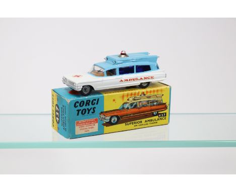 Corgi Toys Superior Ambulance on Cadillac Chassis (437). 2nd type in light blue and white with red light to roof, complete wi