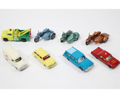 8 Matchbox Series. 4, Triumph Motorcycle with sidecar. 13, Dodge Wreck Truck. 14, Bedford Lomas Ambulance with S.P.W.  36, La