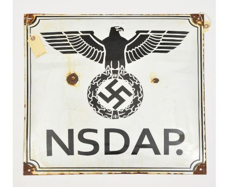 A rectangular black on white enamelled wall plaque, 20” x 20”, bearing Third Reich eagle and swastika above “NSDAP”. GC (some