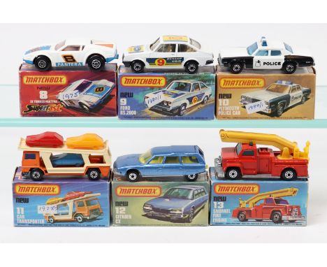 6x Matchbox Superfast 75 Series. 8c, De Tamaso Pantera. 9c, Ford Escort RS2000. 10c, Plymouth Police Car. 11c, Car Transporte