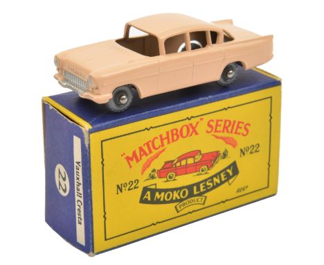 Matchbox Vauxhall Cresta (22). An example in pale pink with black base, no windows and grey plastic wheels. Boxed. Vehicle Mi