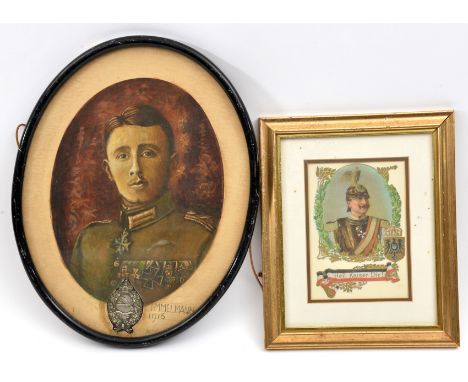 An amateur painted portrait on oval card of the WW1 flying ace Max Immelmann, in uniform and wearing medals, written in penci