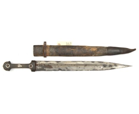 A Caucasian kindjal,  blade 18” with deep offset central fullers, darkwood grip with 3 silver coloured studs, in its leather 