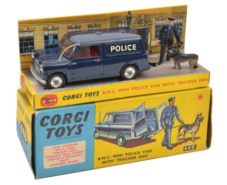 Corgi Toys B.M.C. Mini Police Van with Tracker Dog (448). Mini in dark blue with red interior, aerial to nearside front wing,