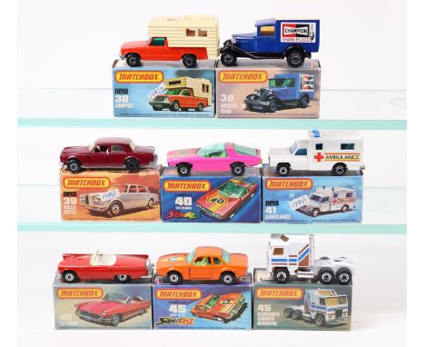 8x Matchbox Superfast 75 Series. 38d, Ford Camper. 38f, Ford Model A Van. 39c, Rolls Royce Silver Shadow. 40a, Vauxhall Guild