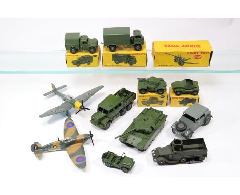 18x Dinky military vehicles. 5x boxed vehicles; Army Covered Wagon (623), Army 1-ton Cargo Truck (641), Armoured Car (670), S