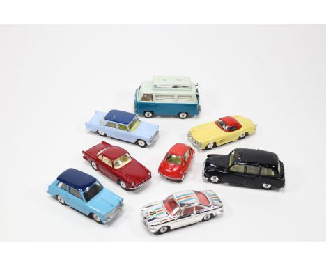 8 Corgi Toys. Renault Floride in maroon with pale yellow interior. Thames Airborne Caravan in two tone blue with pale brown/r