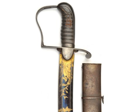 A 1796 pattern light cavalry officer’s sword, broad, curved, shallow fullererd blade 32½”, etched and blued and gilt for two 