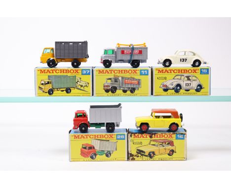 5 Matchbox Series. 11, Scaffolding Truck, with scaffolding. 15, Volkswagen. 18, Field Car. 26,  GMC Tipper Truck. Plus 37, Ca