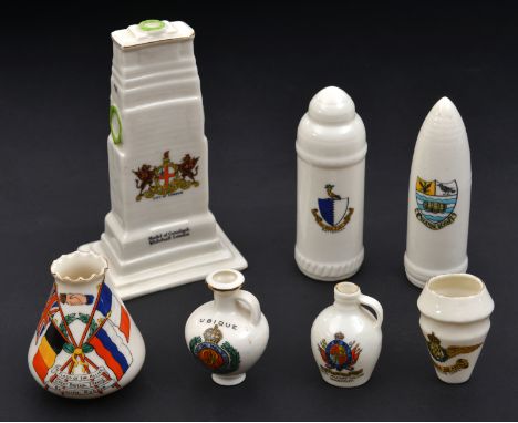 7 pieces of W H Goss commemorative china: urn with “Flags of the Allies”, Great Britain, France, Belgium, Russia”; RFC wings 