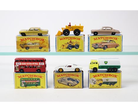 6 Matchbox Series. 25, Bedford BP Petrol Tanker. 28, Mark Ten Jaguar. 36, Opel Diplomat. 41, Ford GT Racing Car, RN6. 43, Tra