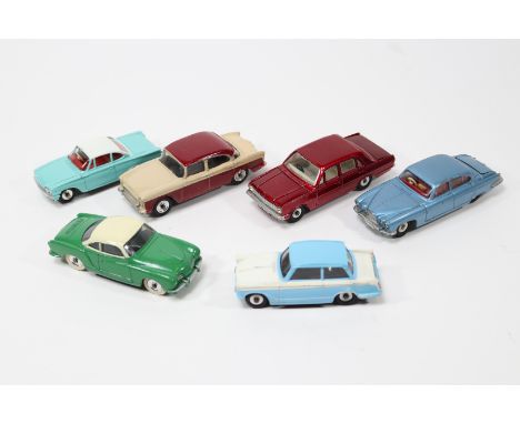 6 Dinky Toys. Humber Hawk in cream and maroon, Vauxhall Victor 101 in metallic red, Triumph Herald in light blue and white, V