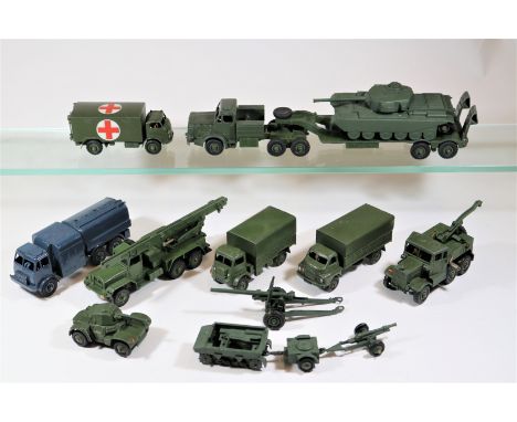 13 Dinky Military including  a few well restored examples. Antar Tank Transporter and Centurion Tank. Scammell Recovery Tract