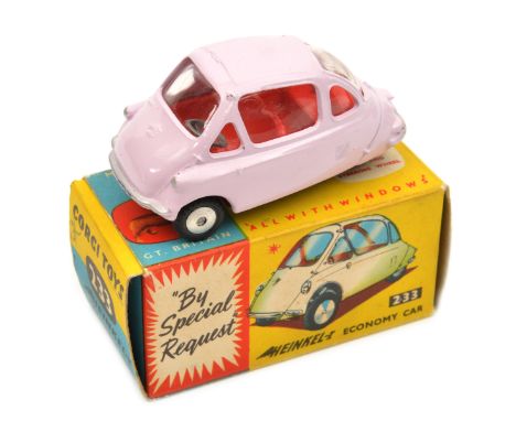 Corgi Toys Heinkel Economy Car (233). Example in lilac with red interior, smooth wheels with black rubber tyres. Boxed, minor