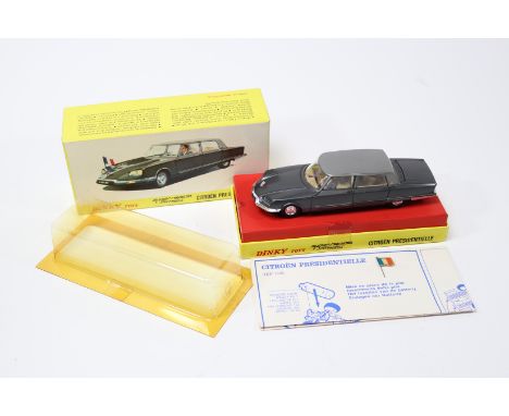 A rare French Dinky Toys Citroen Presidentielle (1435). In dark metallic grey with lighter metallic grey roof, tan interior, 