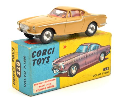 Corgi Toys Volvo P.1800 (228). Example in light brown (fawn) with silver flash, red interior, spun wheels and black rubber ty