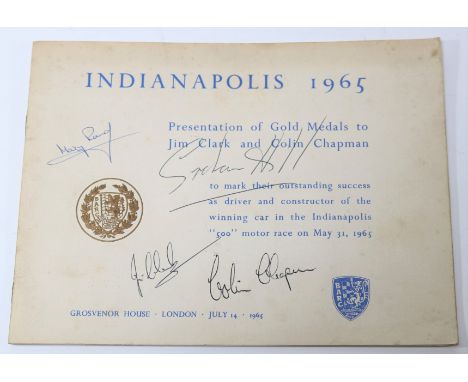 A 1965 Indianapolis 500 event programme. For the presentation of Gold Medals to the racing car drivers Jim Clark and Colin Ch