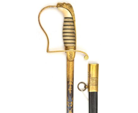 An 1803 Royal Naval officer’s sword, slender straight, fullered blade 28", etched and blued and gilt for two thirds length wi