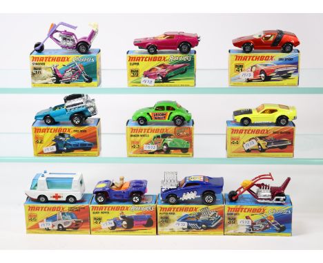 10 Matchbox Superfast/Rolamatics.  38, Stingeroo. 39, Clipper. 41, Siva Spyder. 42, Tyre Fryer. 43, Dragon Wheels. 44, Boss M