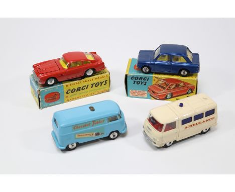 4 Corgi Toys. Aston Martin D.B.4 (218) in red with yellow interior, with smooth wheels. A Hillman Imp (251) in dark metallic 