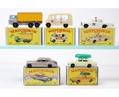 5 Matchbox Series. 44, Rolls Royce Phantom V.  45, Ford Corsair &amp; Boat. 47, DAF Tipper Container Truck. 47, Lord Neilson 