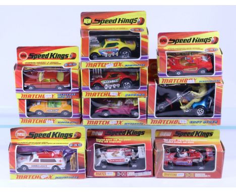 10x 1970s Matchbox Speed Kings. K-40, Blaze Trailer. K-41, Brabham F1. K-42, Nissan 270X. K-43, Cambuster. K-44, Surtees F1. 