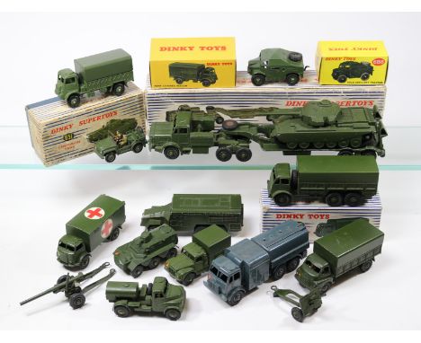 20 Dinky Military vehicles etc. Antar Tank Transporter and Centurion Tank, both in well worn boxes. Plus a Foden 10-Ton Army 