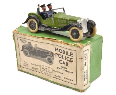 A 1930s Britains Mobile Police Car (Set 1413). Car with a green body, white tyres and black wings, running boards and wheels.