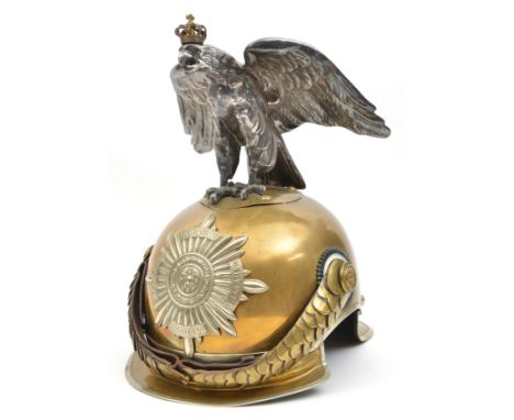 A Prussian Garde du Corps other ranks parade helmet, the skull having white metal trim and domed rivets, one piece white meta