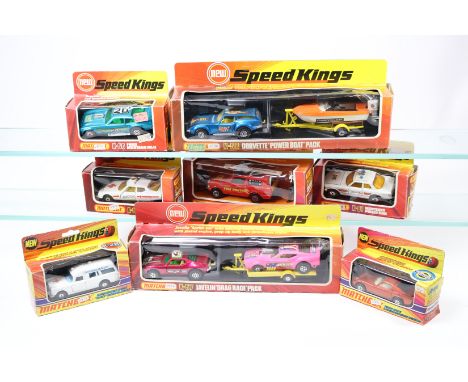 8x 1970s Matchbox Speed Kings. K-24, Lamborghini Miura. K-26, Mercedes Benz Ambulance. K-57, Drag Race Pack. K-58, Power Boat