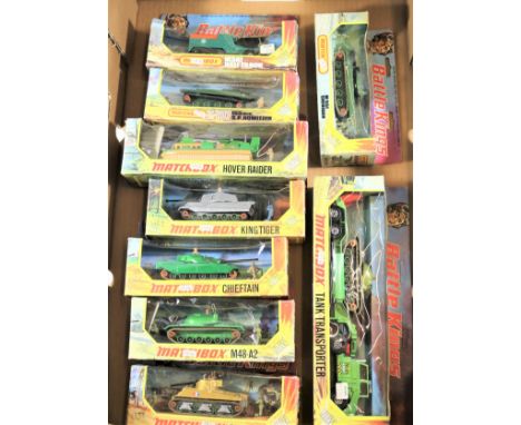 9x 1970s Matchbox Battle Kings. K-101, Sherman Tank. K-102, M48-A2 Tank. K-103, Chieftain Tank. K-104, King Tiger Tank. K-105
