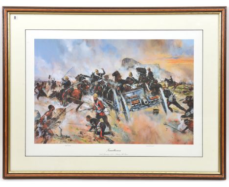A coloured print “Isandlwana: Saving the Guns”, showing a troop of the R. Horse Artillery dashing through a Zulu ambush, moun