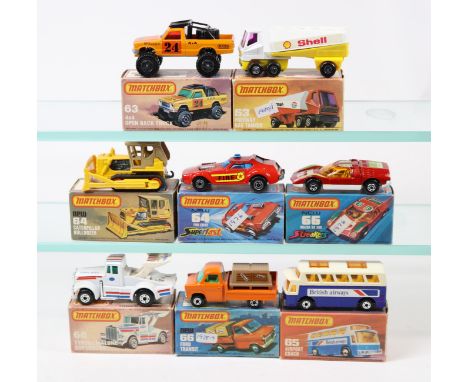 8x Matchbox Superfast 75 Series. 63b, Freeway Gas Tanker. 63d, 4x4 Open Back Truck. 64c, Fire Chief Car. 64d, Caterpillar D-9