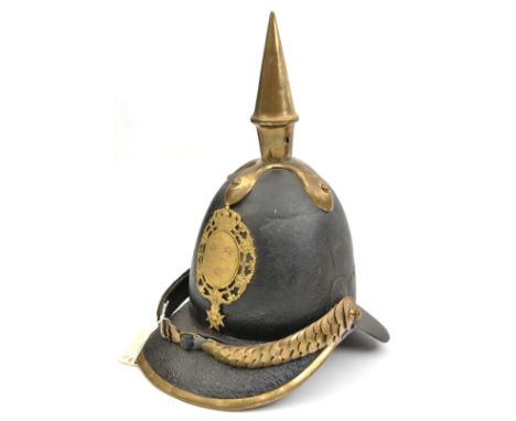 An 1842 pattern Swedish infantry officer’s helmet, black patent leather skull and peaks, brass (retaining a little original g