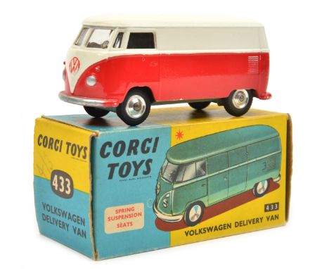 Corgi Toys Volkswagen Delivery Van (433). In red and white, with yellow interior, spun wheels and black rubber tyres. Boxed, 