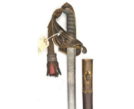 A William IV 1822 pattern infantry officer’s sword, slightly curved, pipe backed blade 32", well etched on both sides in pane